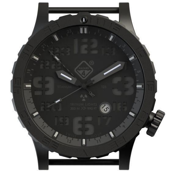 Hazard 4 orologio Heavy Water Diver Titanium Tritium cinturino nero quadrante nero GMT con grafica blu/rosso