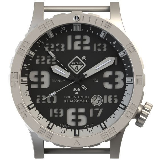 Hazard 4 orologio Heavy Water Diver Titanium Tritium cinturino nero quadrante bianco GMT con grafica verde/giallo