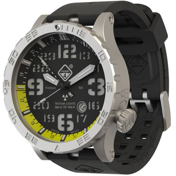 Hazard 4 orologio Heavy Water Diver Titanium Tritium cinturino nero quadrante giallo GMT con grafica verde/giallo