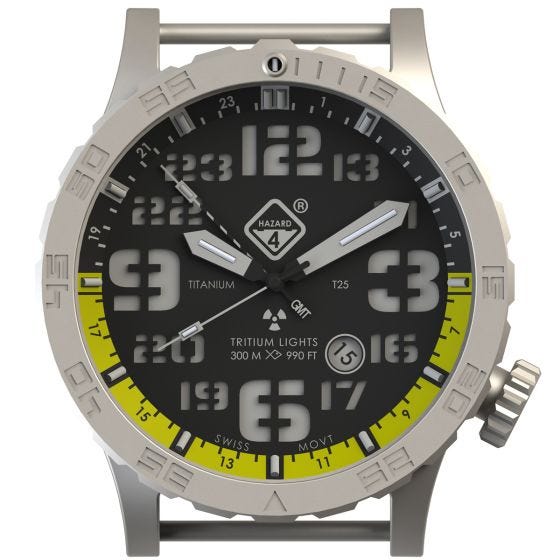 Hazard 4 orologio Heavy Water Diver Titanium Tritium cinturino nero quadrante giallo GMT con grafica verde/giallo