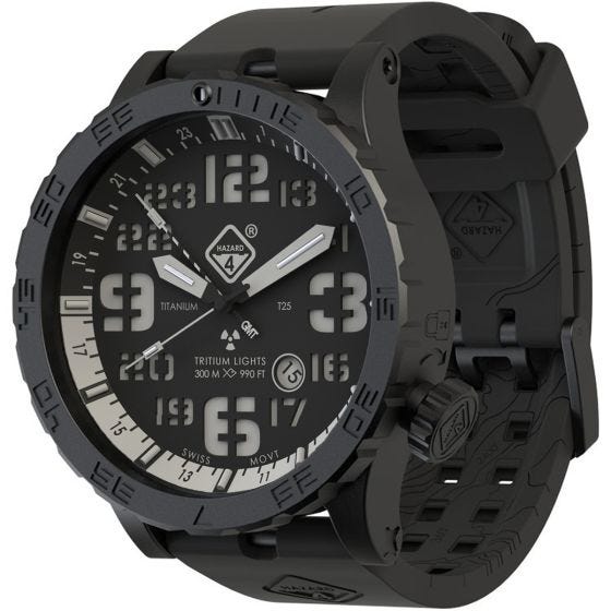 Hazard 4 orologio Heavy Water Diver Titanium Tritium cinturino nero quadrante Nightwatch bianco GMT con grafica blu/rosso