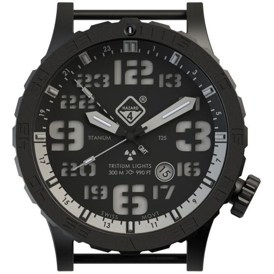 Hazard 4 orologio Heavy Water Diver Titanium Tritium cinturino nero quadrante Nightwatch bianco GMT con grafica blu/rosso