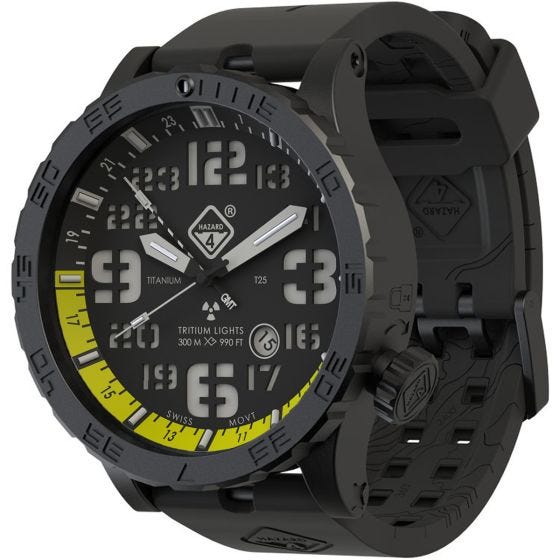 Hazard 4 orologio Heavy Water Diver Titanium Tritium cinturino nero quadrante Nightwatch giallo GMT con grafica verde/giallo