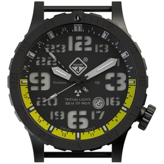 Hazard 4 orologio Heavy Water Diver Titanium Tritium cinturino nero quadrante Nightwatch giallo GMT con grafica verde/giallo
